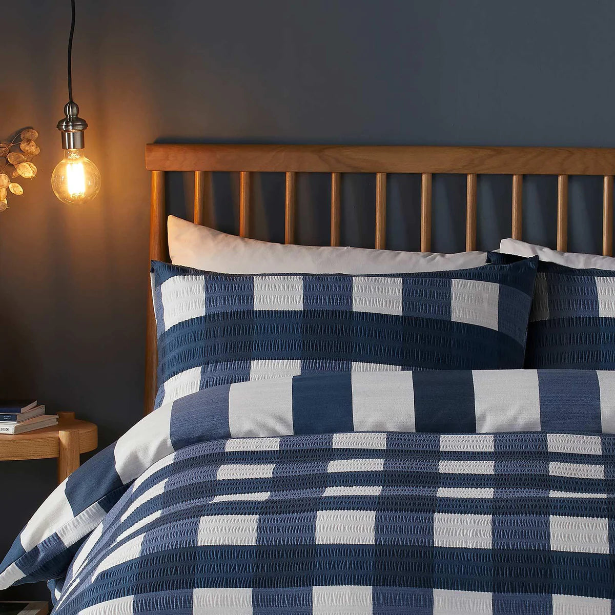 Duvet Cover Set Seersucker Gingham Check Snug in Navy OR Grey