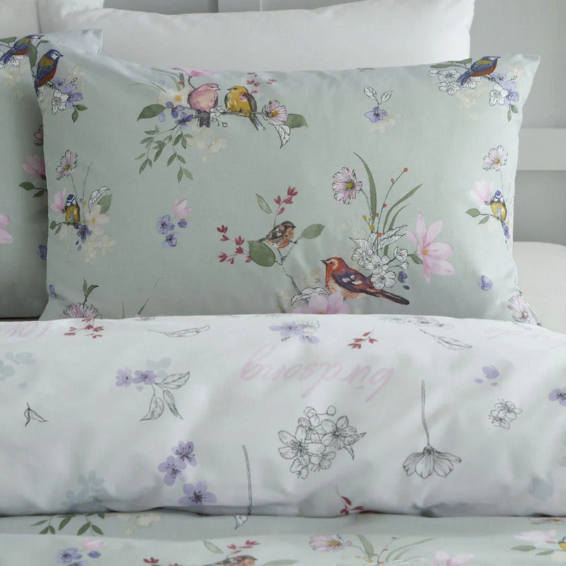 Songbird Floral Reversible Sage Green Duvet Cover Set