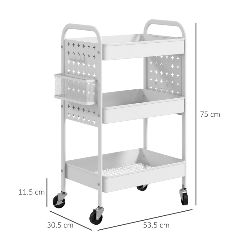 Rolling Utility Cart with 3 Mesh Basket, 2 Boxes & 6 Hooks