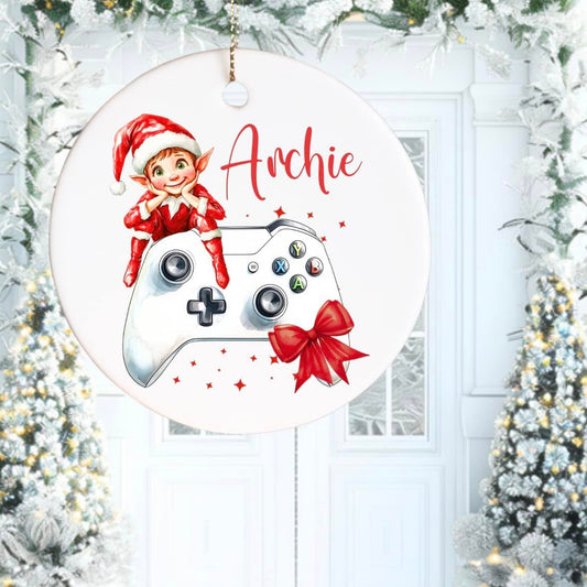 Personalised Elf Xbox Design Ceramic Tree Decoration