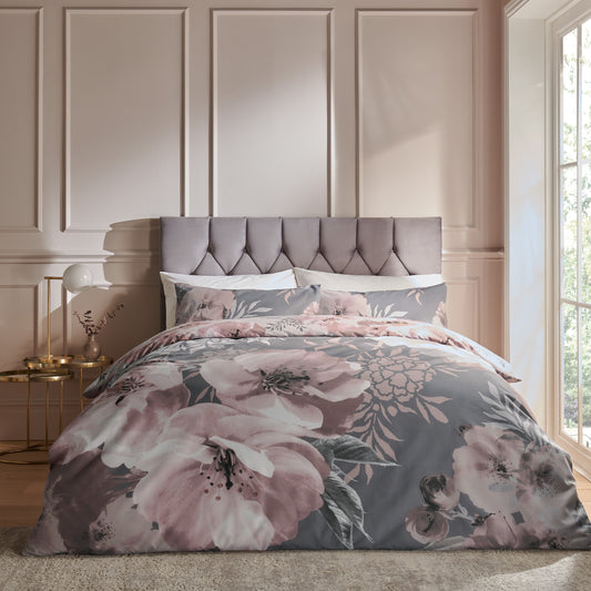 Dramatic Floral Peony Print Pink & Grey Duvet Cover Set by Catherine Lansfield