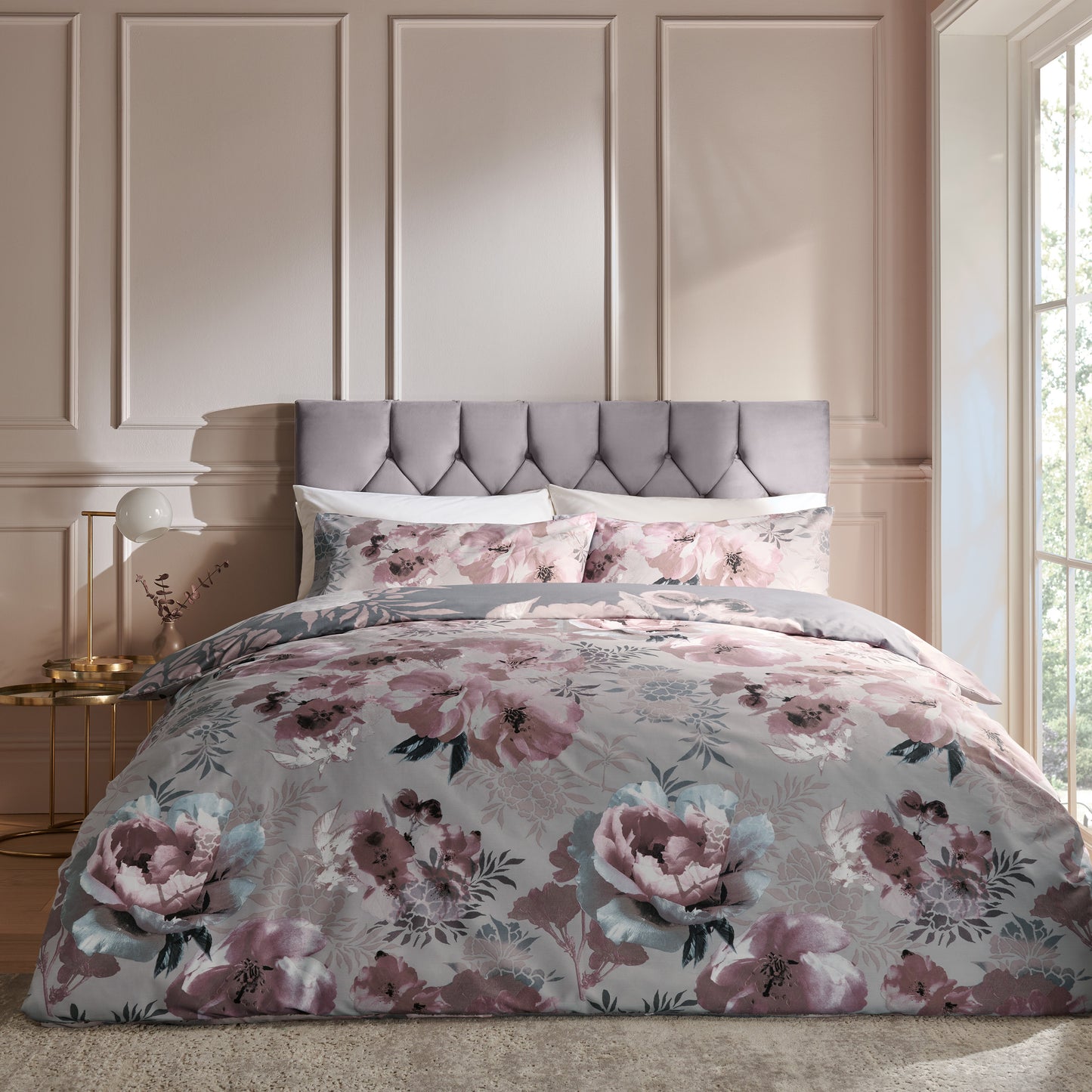 Dramatic Floral Peony Print Pink & Grey Duvet Cover Set by Catherine Lansfield