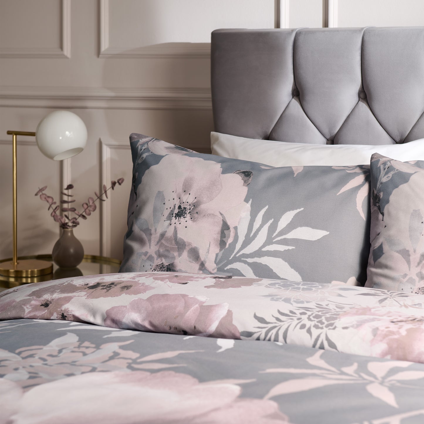 Dramatic Floral Peony Print Pink & Grey Duvet Cover Set by Catherine Lansfield