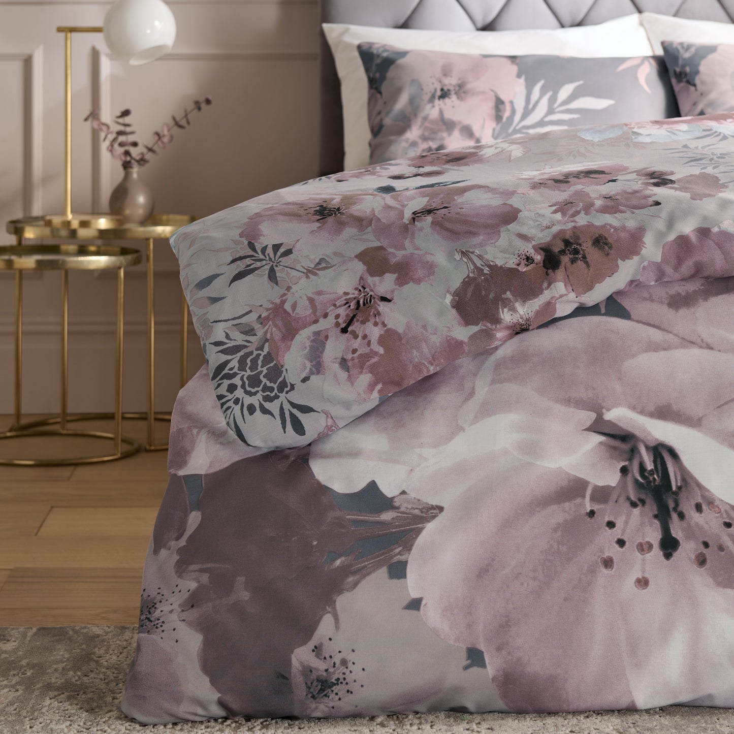 Dramatic Floral Peony Print Pink & Grey Duvet Cover Set by Catherine Lansfield