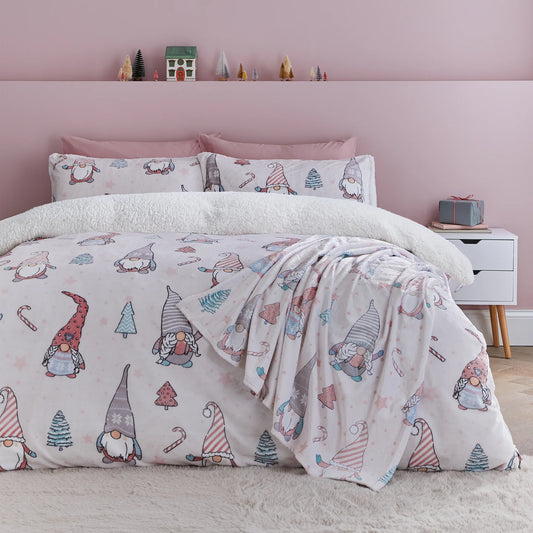 Christmas Festive Gnomes Cosy Fleece Duvet Cover Set in Pink by Catherine Lansfield