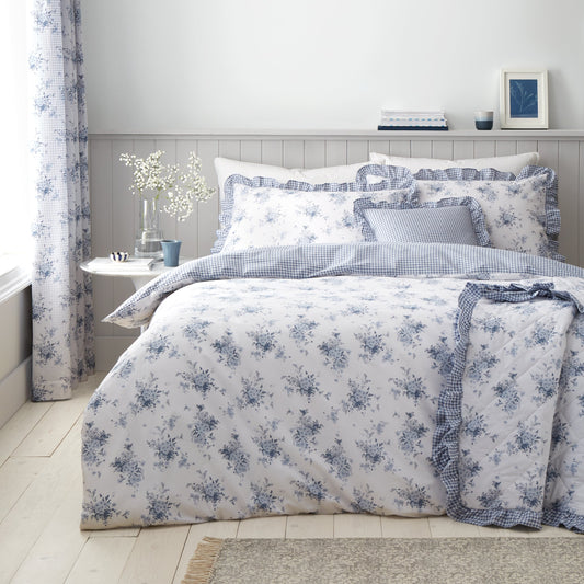 Lucie Floral Frill Reversible Duvet Cover Set in White / Blue by Catherine Lansfield