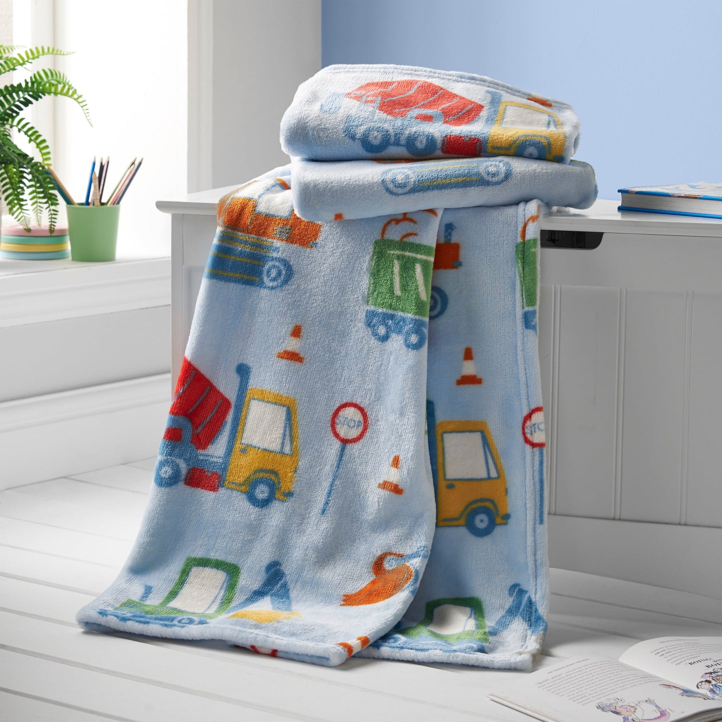 Digger Dreams Cosy Fleece Blanket Throw in Blue by Catherine Lansfield Kids