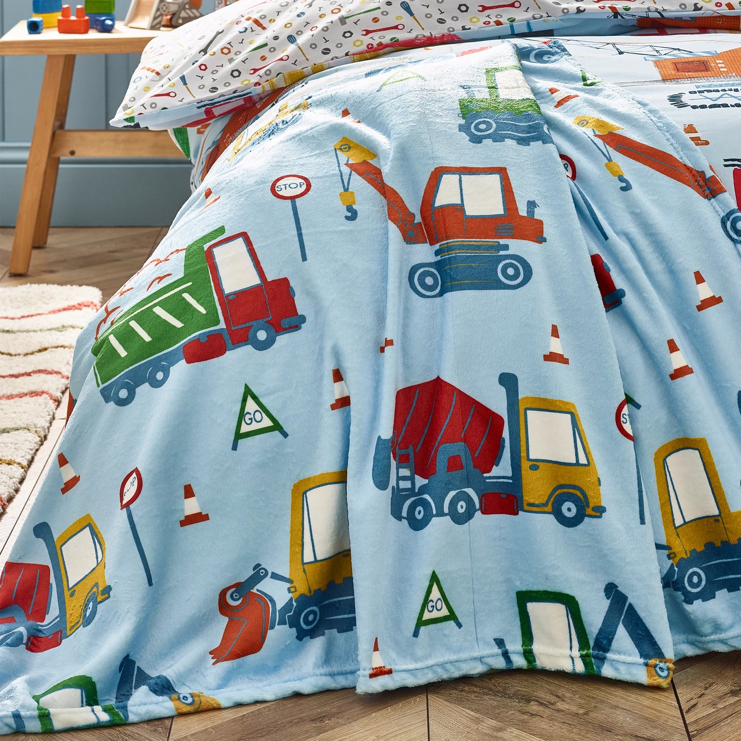 Digger Dreams Cosy Fleece Blanket Throw in Blue by Catherine Lansfield Kids