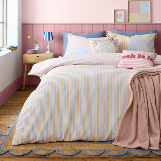 Brighton Stripe Bow Trim Single Duvet Cover Set by Catherine Lansfield