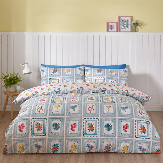 Riviera Tiles Reversible Duvet Cover Set in Blue by Catherine Lansfield