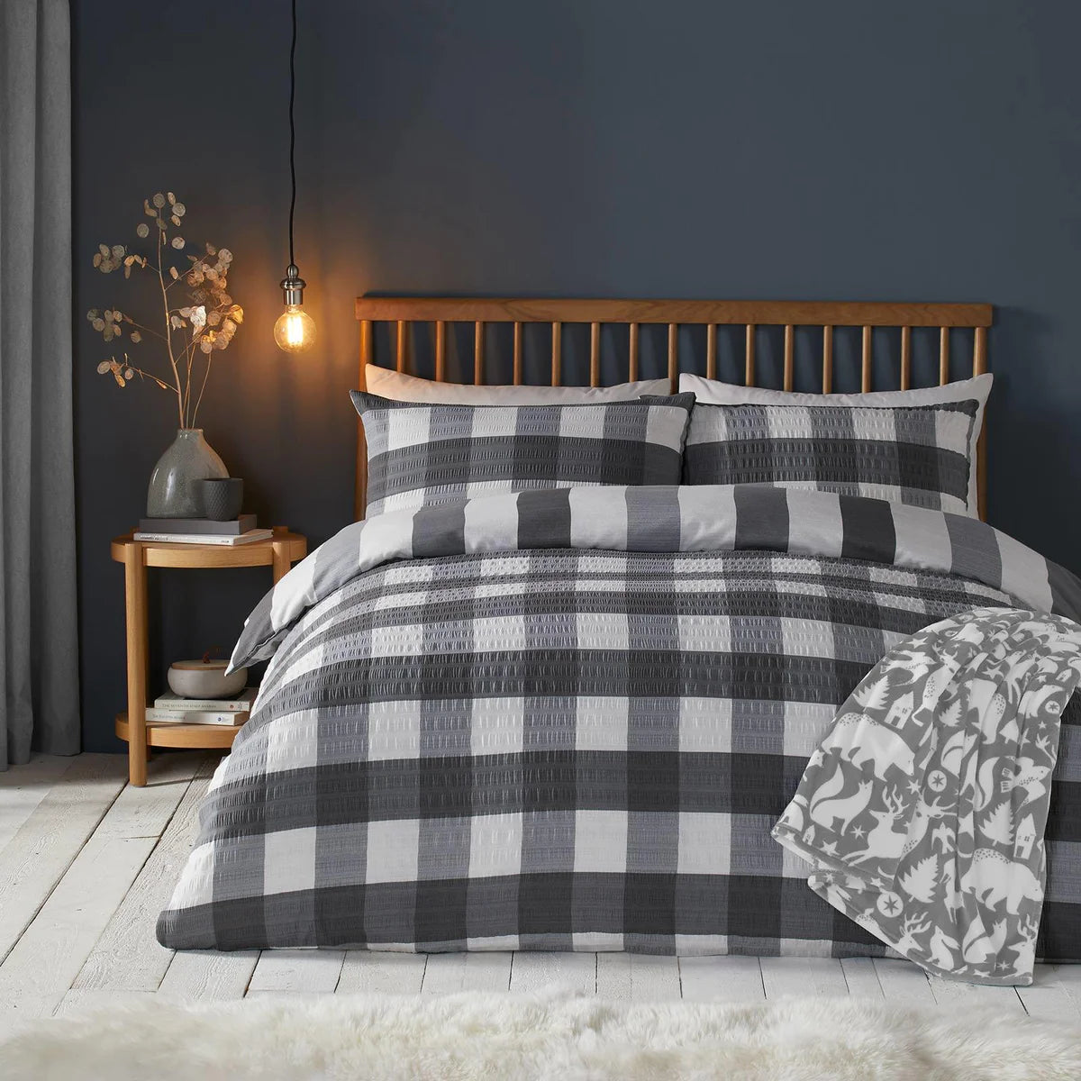 Duvet Cover Set Seersucker Gingham Check Snug in Navy OR Grey