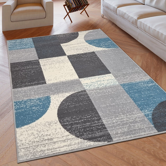 Geometric Rug Grey Blue Circles Modern Soft Carpet Rug