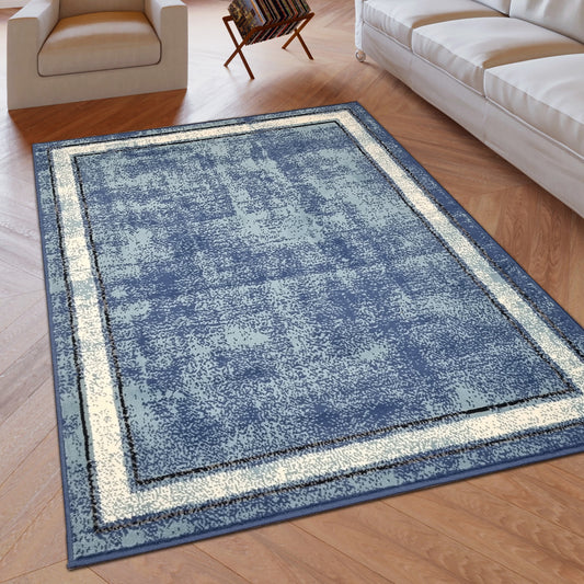 Blue Geometric Rug Bordered Pattern Soft Carpet Rug