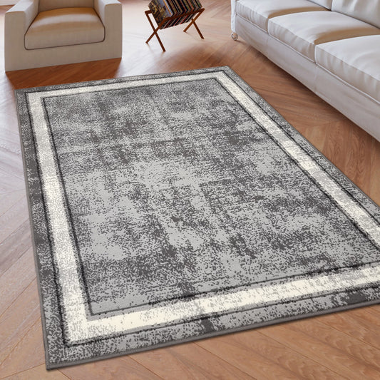 Grey Geometric Rug Bordered Pattern Soft Carpet Rug