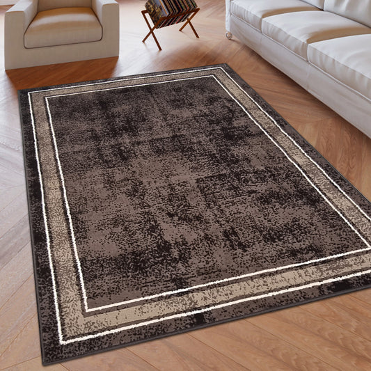 Cacao Geometric Rug Bordered Pattern Soft Carpet Rug