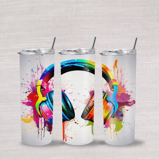 Headphone Splash Design, 20oz Stainless Steel Skinny Tumbler