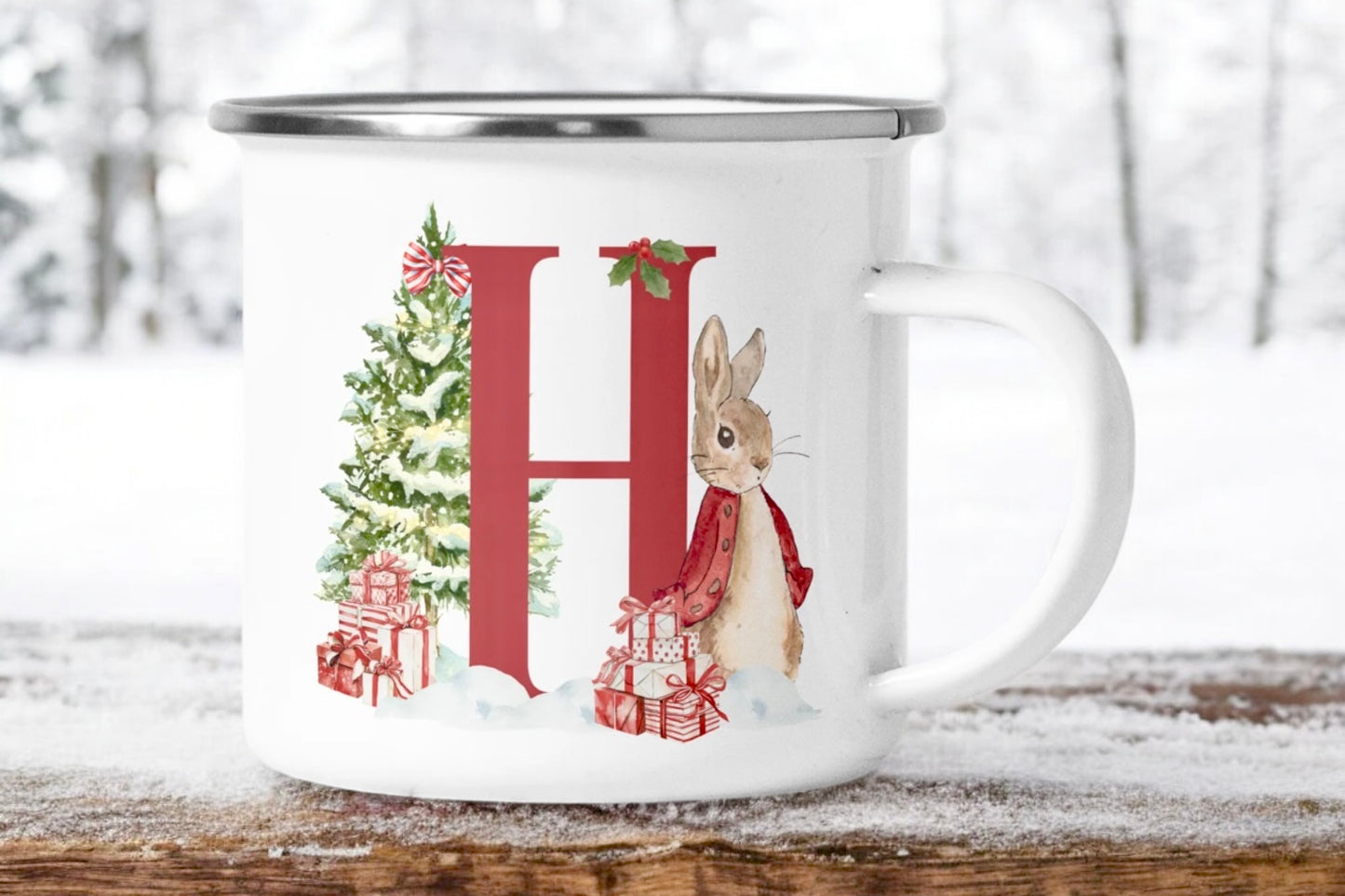 Children's Festive Enamel Initial Mug - Bunny