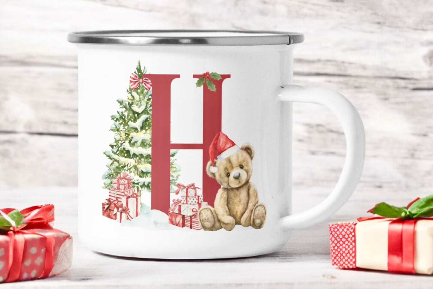 Children's Festive Enamel Initial Mug - Teddy Bear