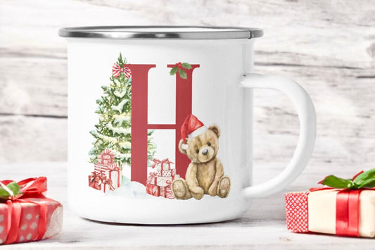 Children's Festive Enamel Initial Mug - Teddy Bear