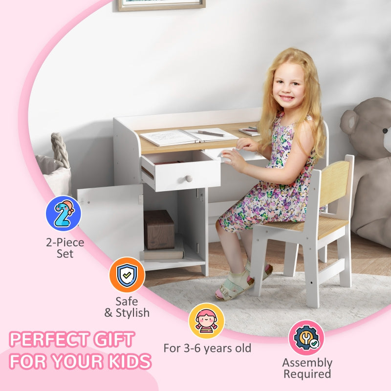 Kids Desk and Chair Set for 3-6 Year Old with Storage Drawer, White