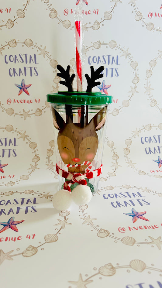 Re-usable Plastic Cup with Straw - Reindeer