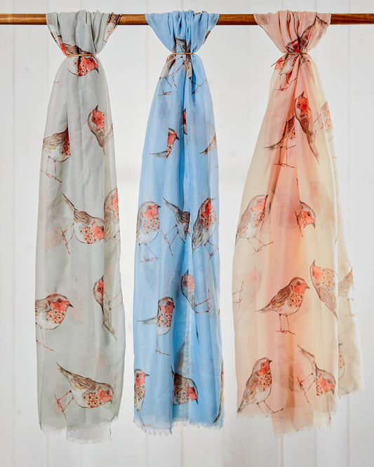 Floral Robin Repeat Pattern Scarves - 3 Colours