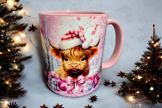 Christmas Baby Highland Cow - Pink Inner and Handle Mug