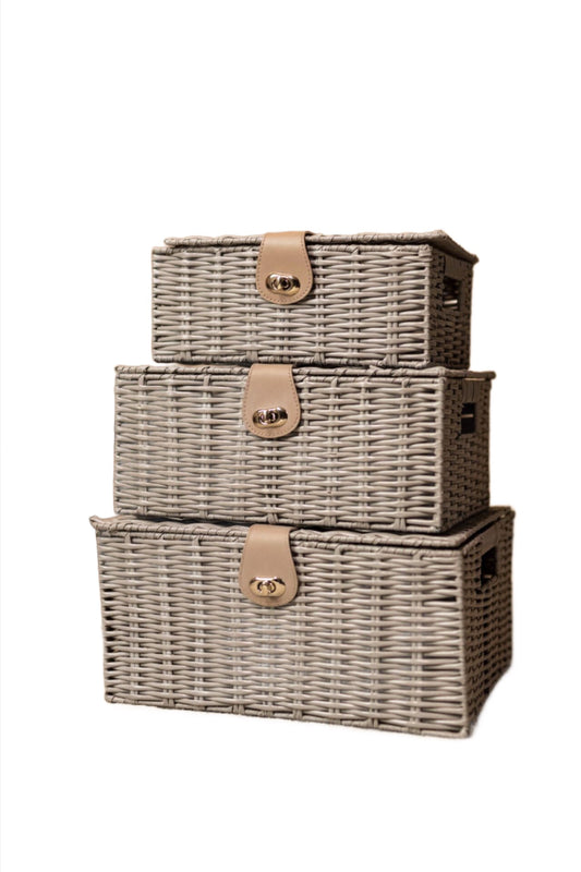 3x Grey Wicker Storage Baskets Resin Woven Hamper Box