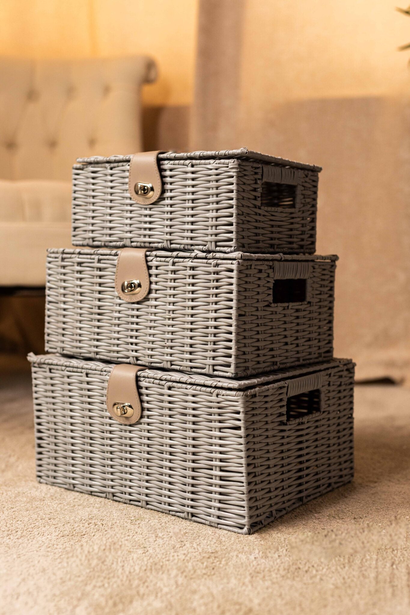 3x Grey Wicker Storage Baskets Resin Woven Hamper Box