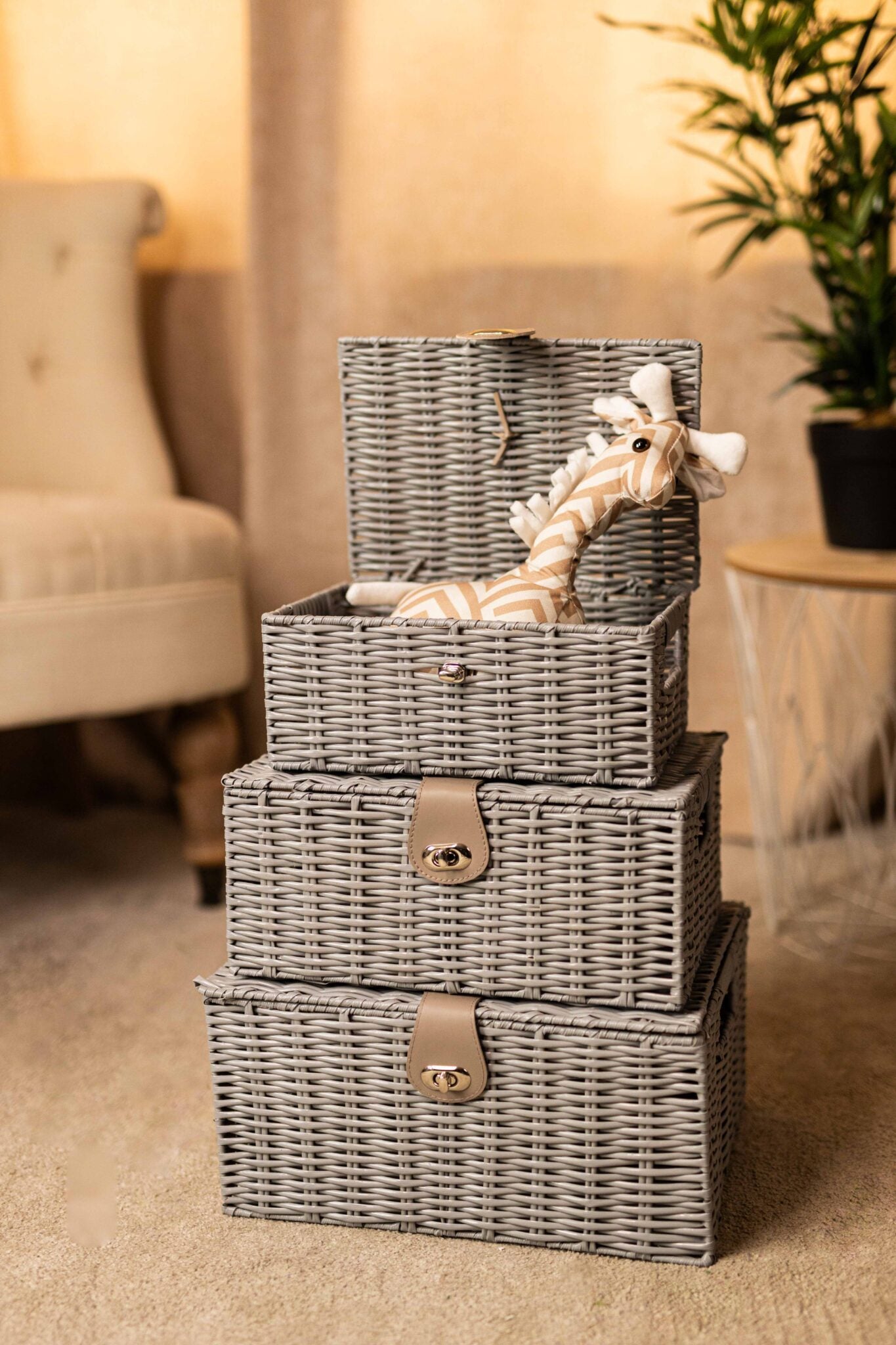 3x Grey Wicker Storage Baskets Resin Woven Hamper Box