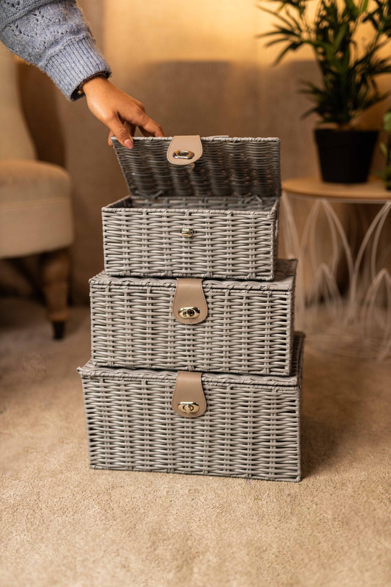 3x Grey Wicker Storage Baskets Resin Woven Hamper Box