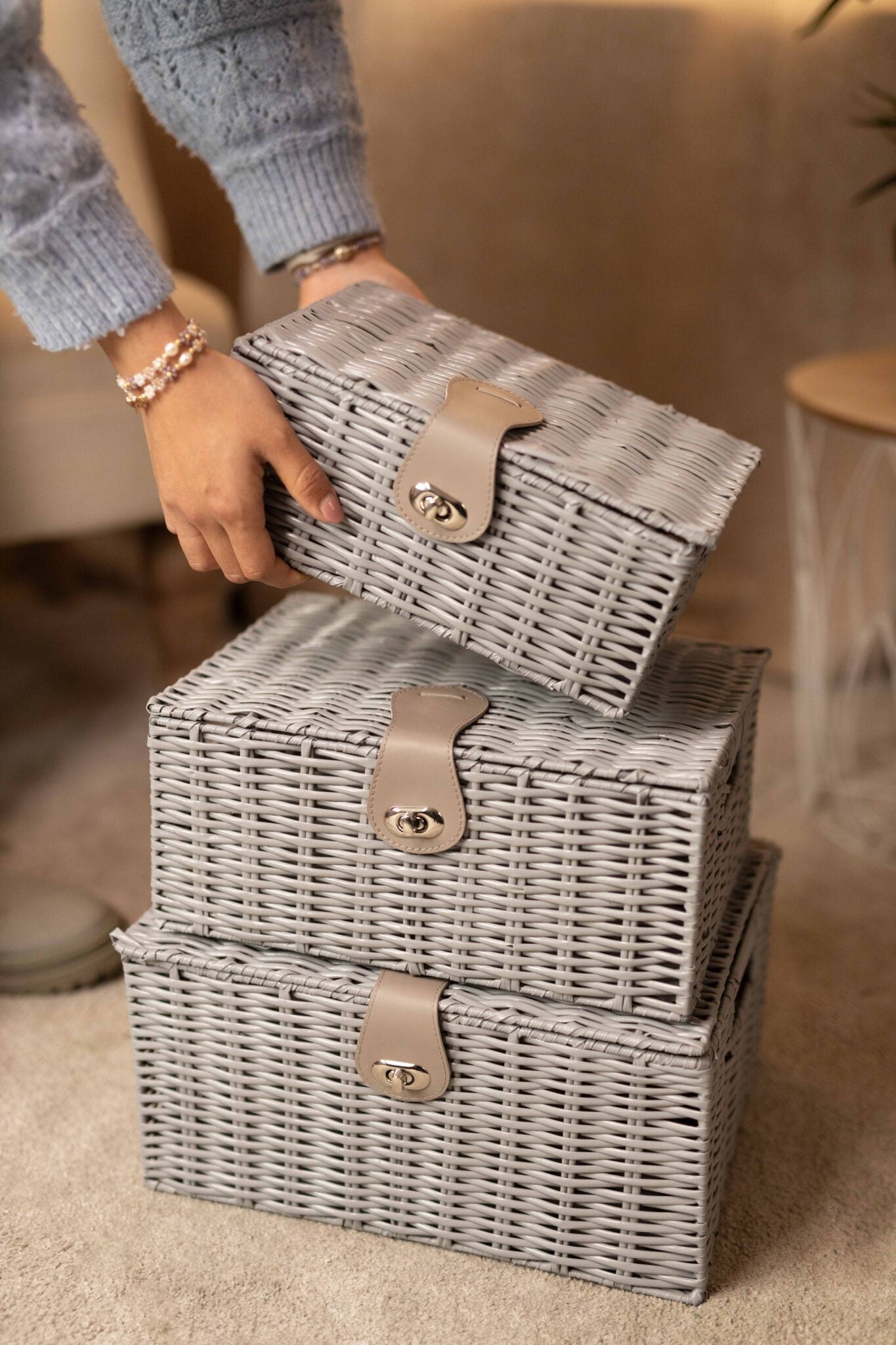 3x Grey Wicker Storage Baskets Resin Woven Hamper Box