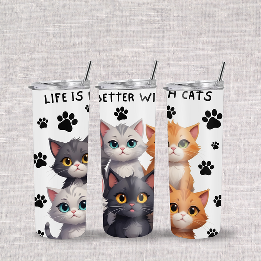 Life is Better With Cats - 20oz Stainless Steel Skinny Tumbler