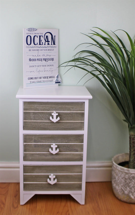 Set Of 3 Drawers With Nautical Anchor Handles In Grey & White