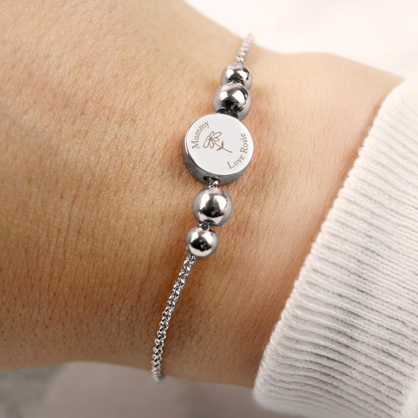 Personalised Silver Tone Flower Disc Bracelet