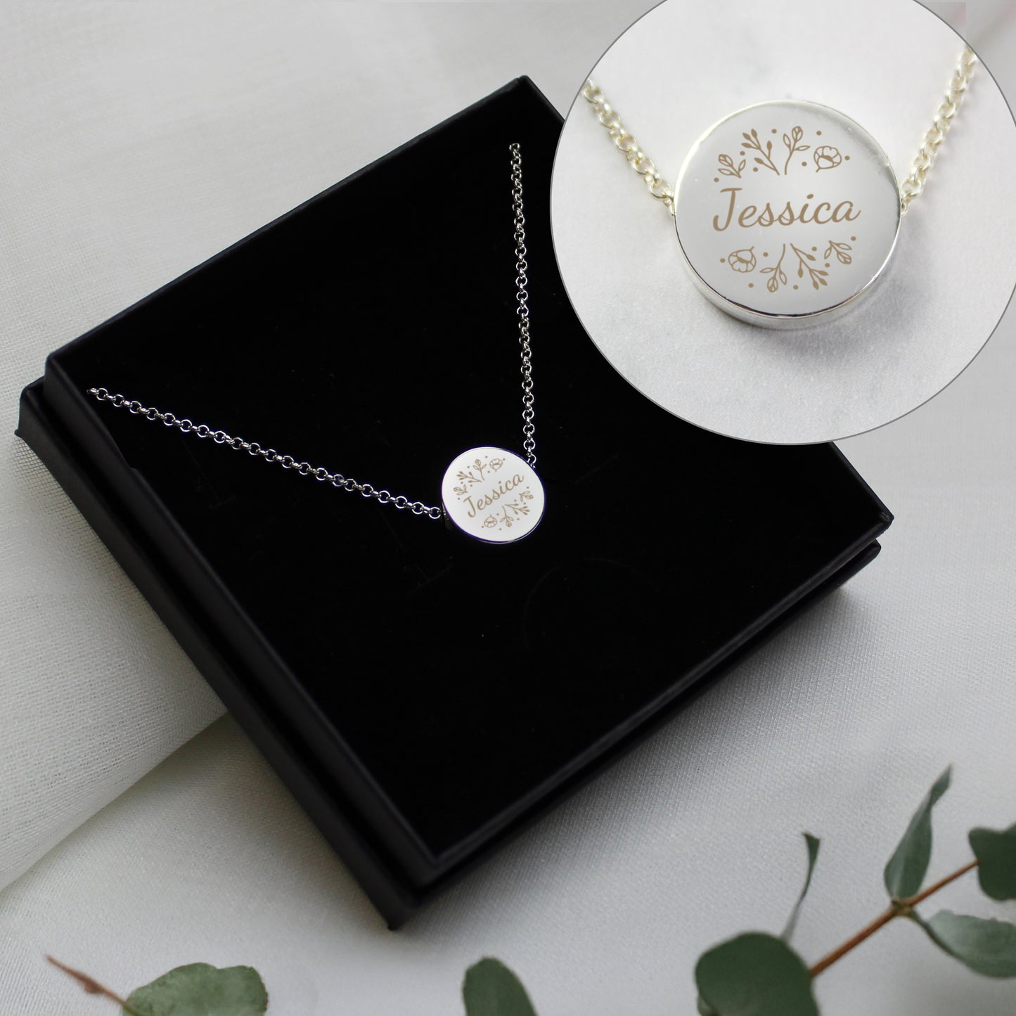 Personalised Silver Tone Wild Flowers Disc Necklace