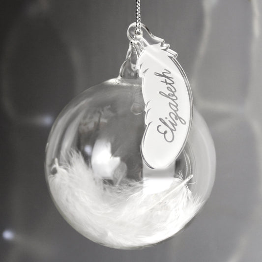 Personalised White Feather Glass Bauble