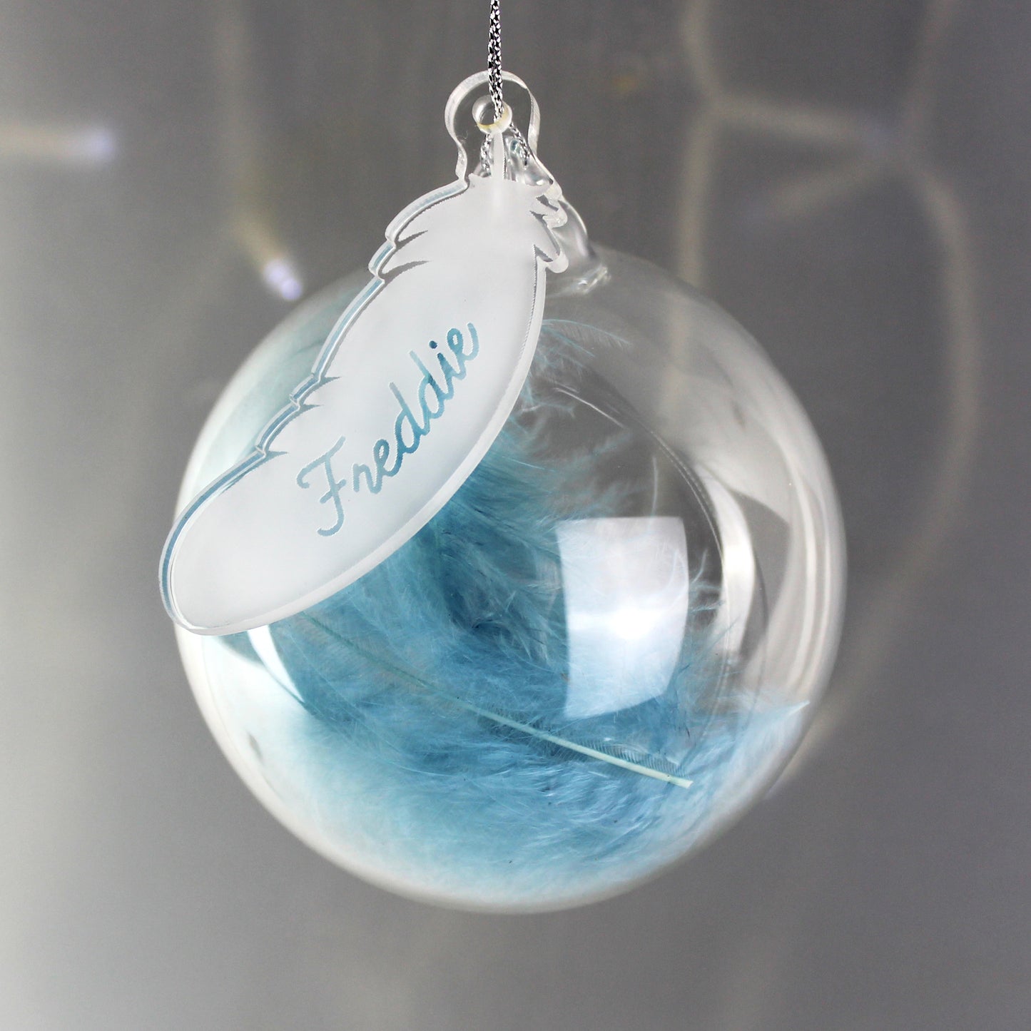 Personalised Blue Feather Glass Bauble