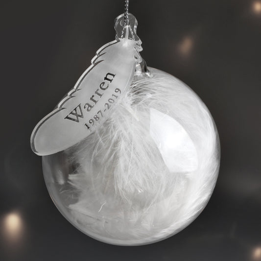 Personalised Name & Date Feather Glass Bauble