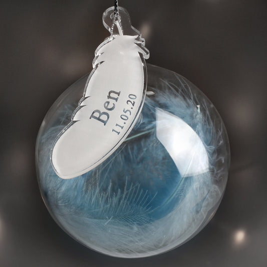 Personalised Name & Date Blue Feather Glass Bauble