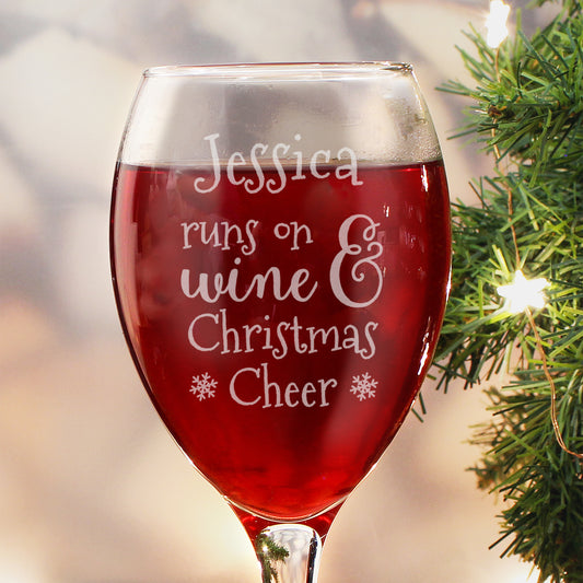 Personalised Runs On Wine & Christmas Cheer Wine Glass