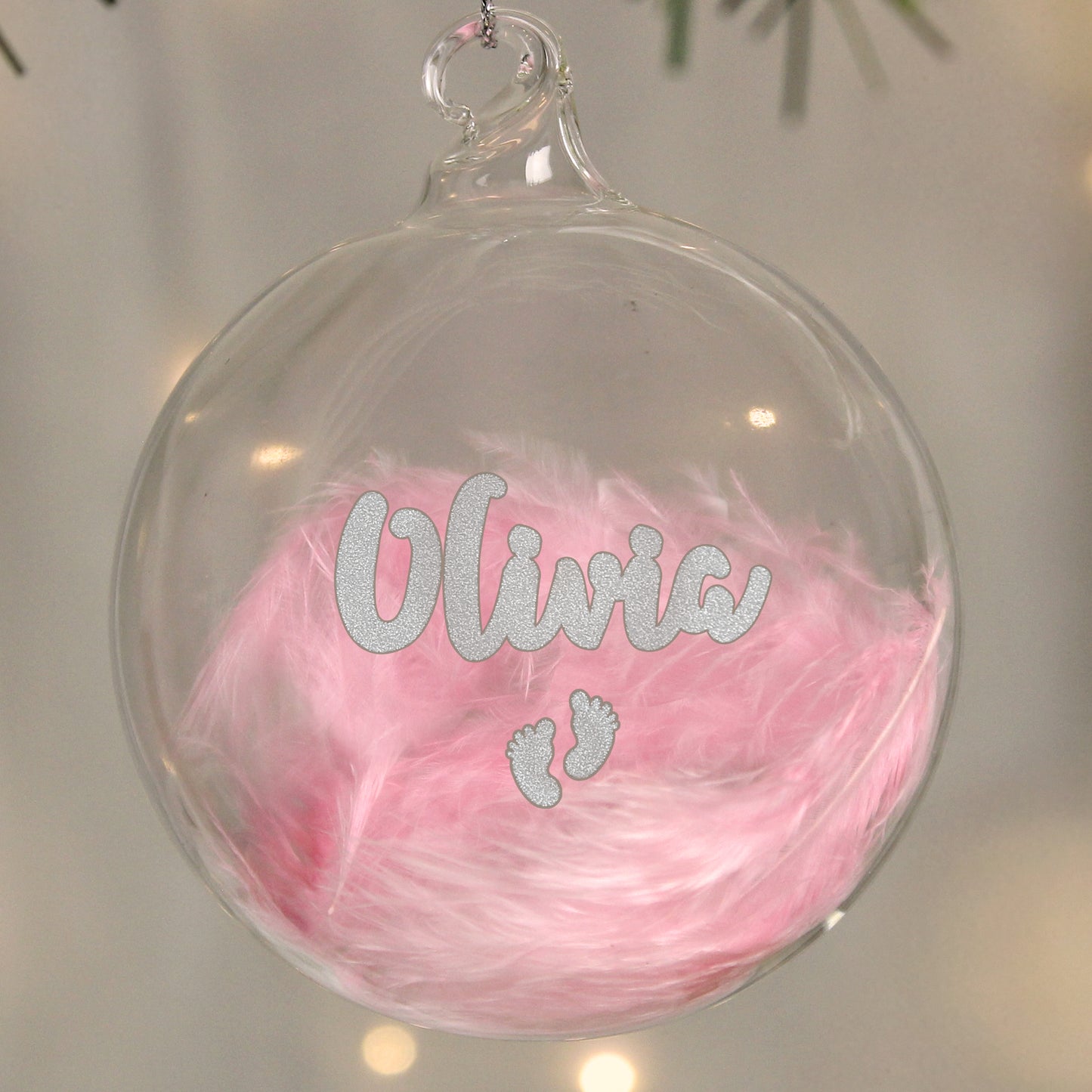 Personalised Pink Feather Silver Footprints Glass Bauble