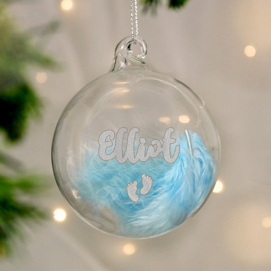 Personalised Blue Feather Silver Footprints Glass Bauble