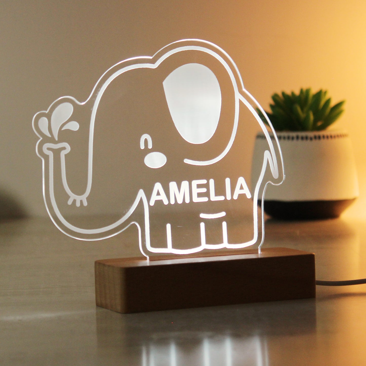 Personalised Elephant Wooden Based LED Light