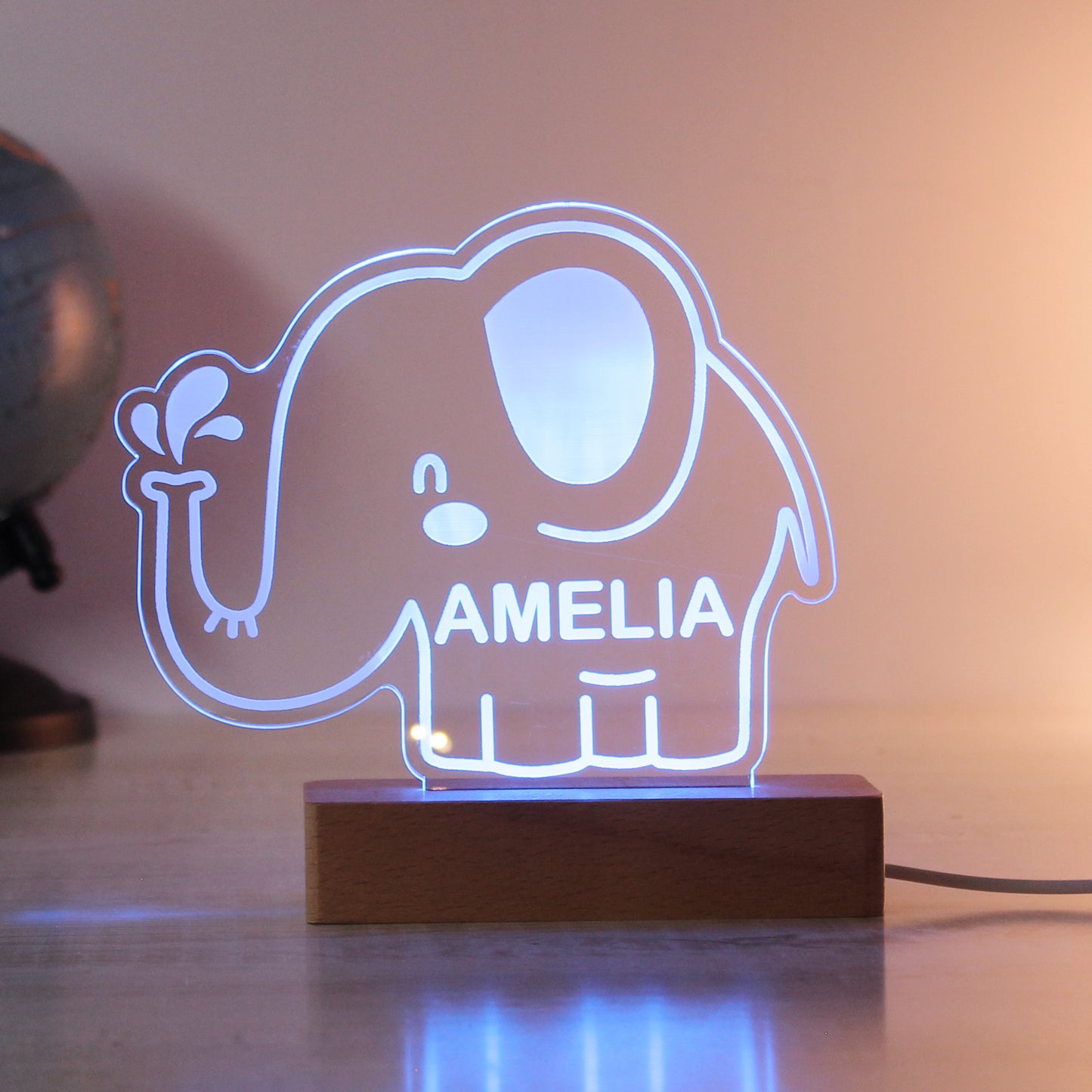 Personalised Elephant Wooden Based LED Light