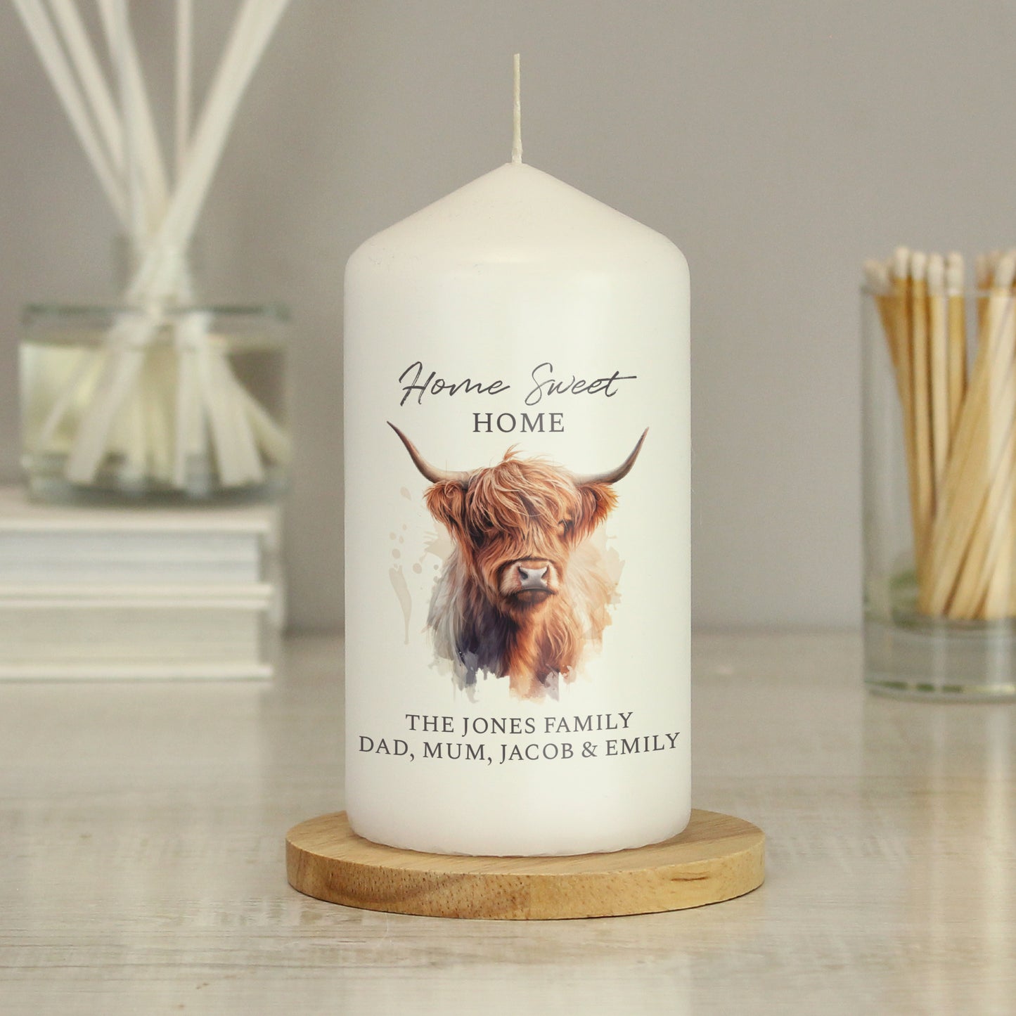 Personalised Highland Cow Pillar Candle