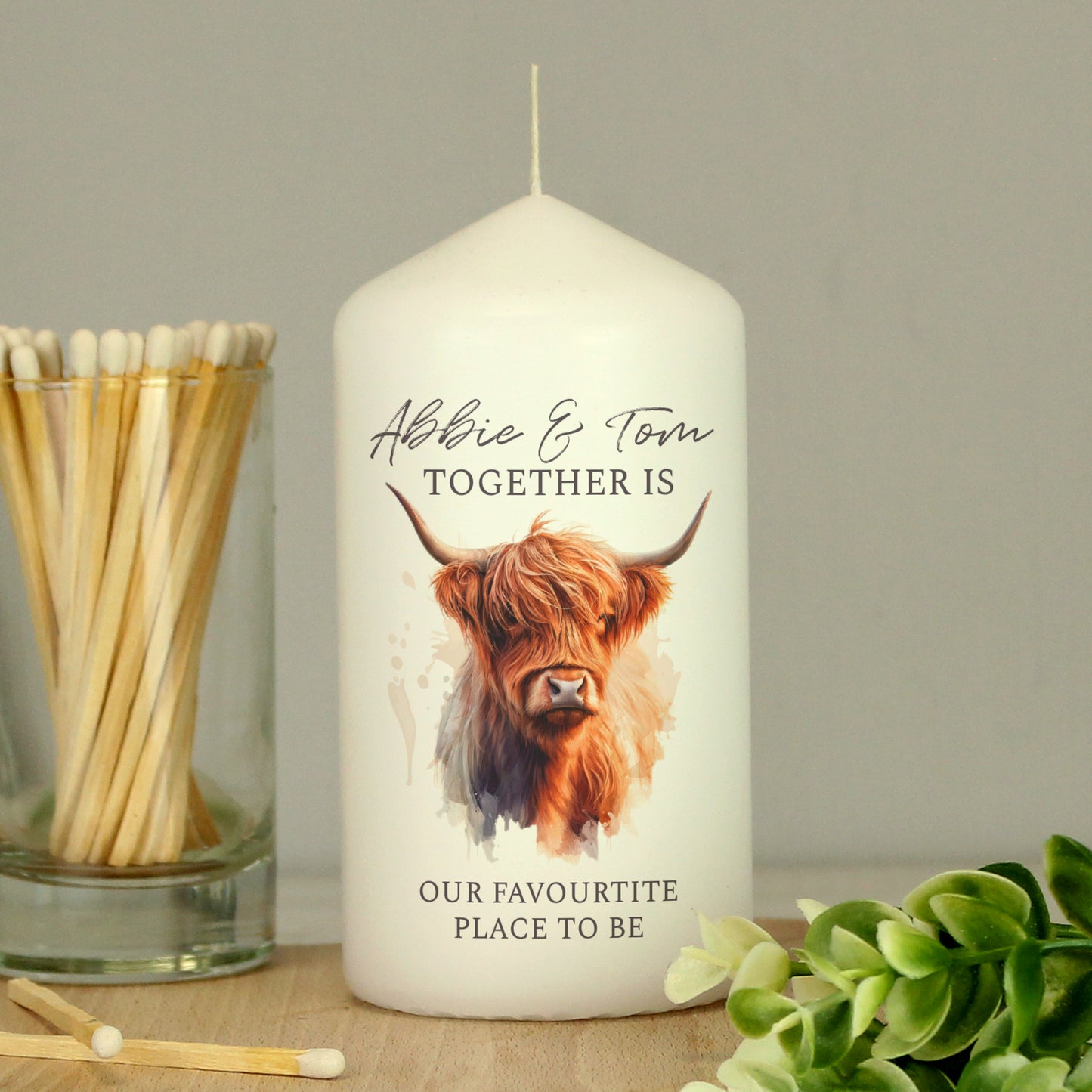 Personalised Highland Cow Pillar Candle