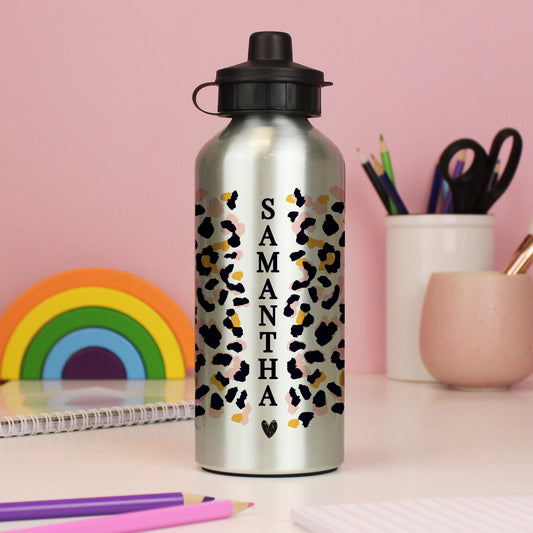 Personalised Leopard Print Silver Drinks Bottle