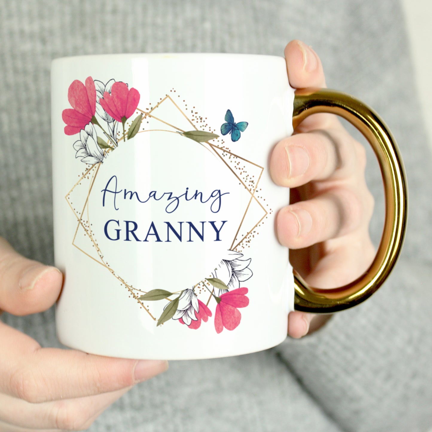 Personalised Geometric Floral Gold Handle Mug