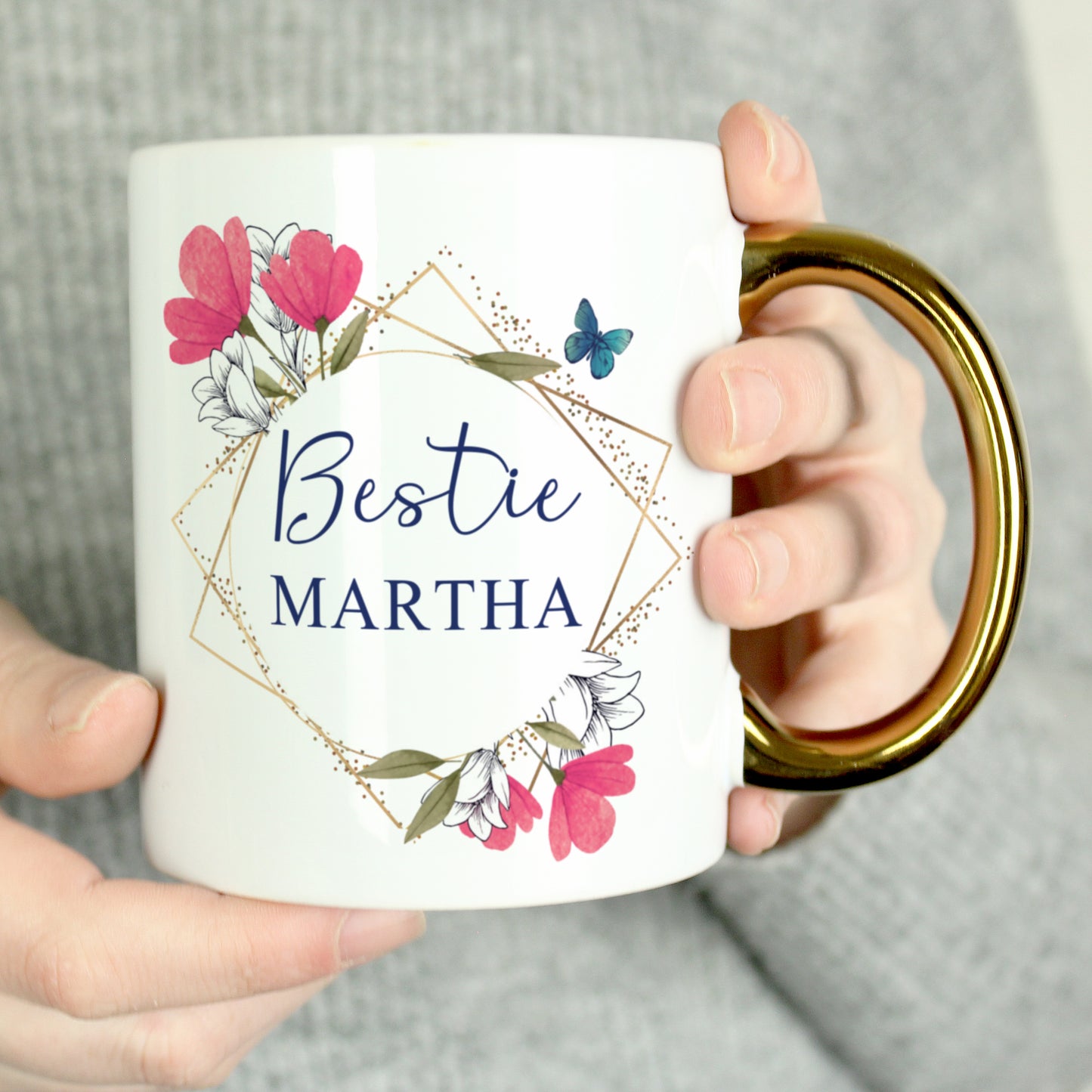 Personalised Geometric Floral Gold Handle Mug